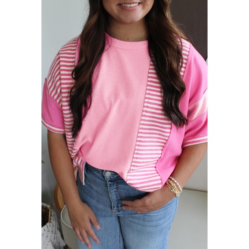 Pink Stripe Patchwork Colorblock Plus Size T Shirt - 1X - Main Image