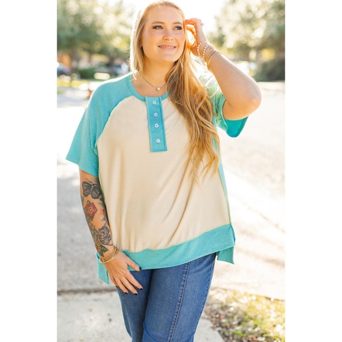 Mint Green Color Block Raglan Sleeve Buttoned Plus Size T Shirt - 2X - Main Image