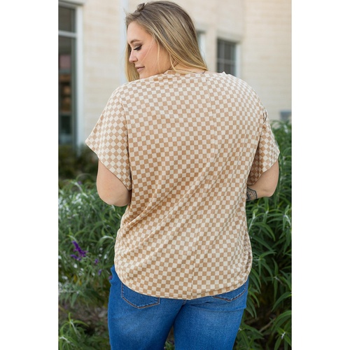 Khaki Checkerboard Short Batwing Sleeve Round Neck Plus Size T Shirt - 1X - Main Image