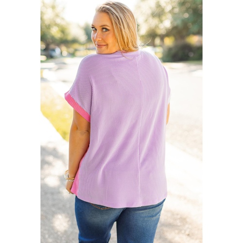 Rose Red Leopard Colorblock Patchwork Corded Knit Plus Size T Shirt - 3X - Main Image