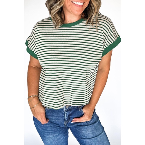 Green Stripe Trimmed Round Neck Plus Size Boxy Fit T-shirt - 1X - Main Image