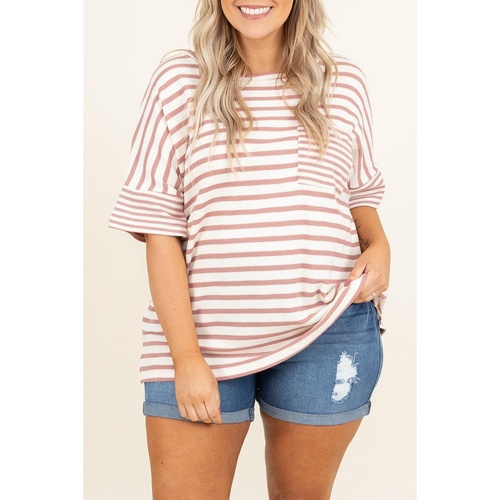 Pink Stripe Waffle Knit Pocketed Half Sleeve Plus Size T Shirt - 1X - Main Image
