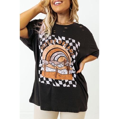 Black Checkerd DESERT DREAMS Printed Ripped Plus Size Tee - 1X - Main Image