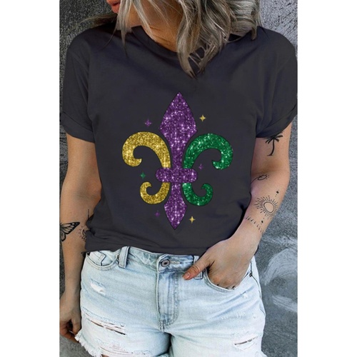 Black Mardi Gras Symbol Printed Crewneck Plus Size Tee - 1X - Main Image