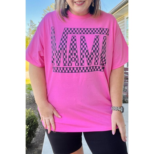 Bright Pink Checker MAMA Letter Printed Graphic Plus Size T Shirt - 1X - Main Image