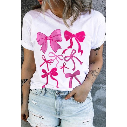 White Diverse Bowknot Printed Crew Neck Plus Size Tee - 1X - Main Image
