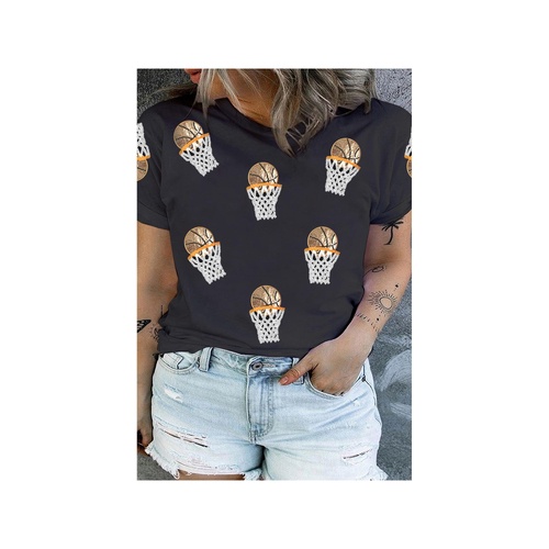 Black Basketball Patched Pattern Crewneck Game Day Plus Size T Shirt - 3X - Main Image