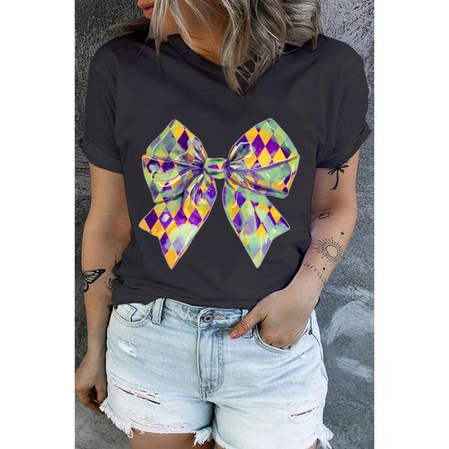 Black Checkered Bow Knot Print O Neck Plus Size T Shirt - 1X - Main Image