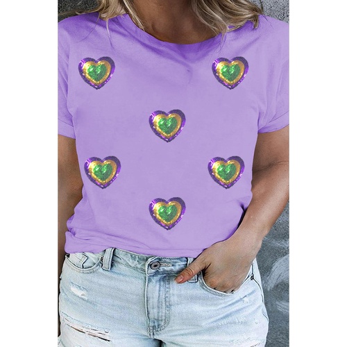 Orchid Petal Mardi Gras Sequin Heart Patched Plus Size Graphic Tee - 1X - Main Image