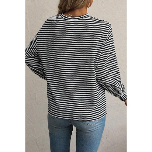 Black Stripe Drop Shoulder Puff Long Sleeve O Neck Plus Size T Shirt - 1X - Main Image
