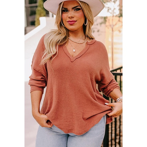 Gold Flame Plus Size Exposed Seam V Neck Long Sleeve Top - 2X - Main Image
