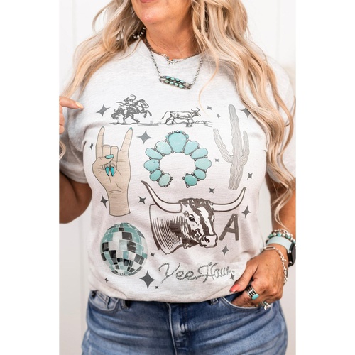 Light Grey Yee Haw Western Fashion Print Plus Size Tee - 1X - Main Image