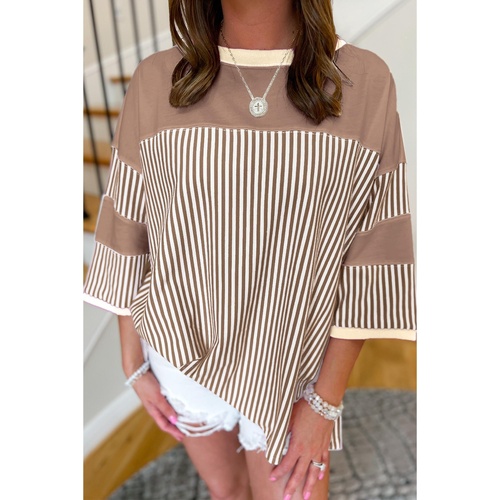 Khaki Stripe Patchwork Bracelet Sleeve Plus Size T Shirt - 3X - Main Image