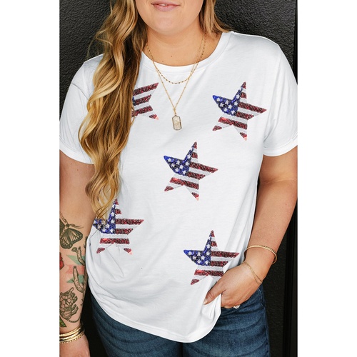 White Sequin American Flag Star Pattern Plus Size Tee - 1X - Main Image
