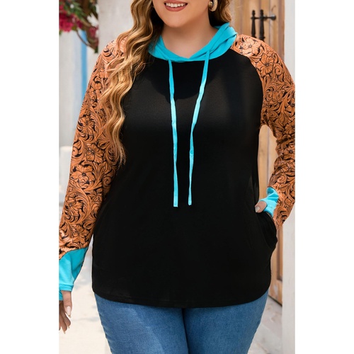 Black Western Print Color Block Plus Size Hoodie - 2X - Main Image