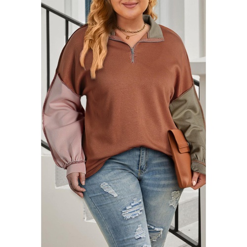 Gold Flame Plus Size Colorblock Exposed Seam Quarter Zip Sweatshirt - 1X - Main Image