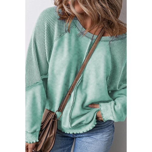 Mineral Blue Textured Patchwork Frilled Trim Plus Size Pullover Sweatshirt - 1X - Main Image