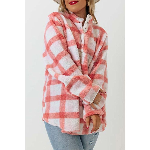 Pink Plus Size Tunic Plaid Sherpa Henley Sweatshirt - 2X - Main Image