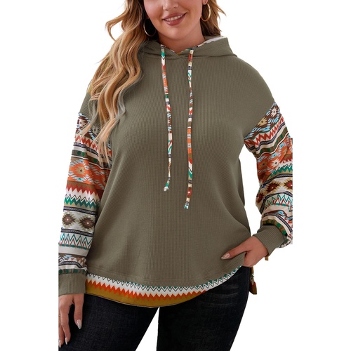Jungle Green Aztec Patchwork Sleeve Waffle Drawstring Plus Hoodie - 1X - Main Image