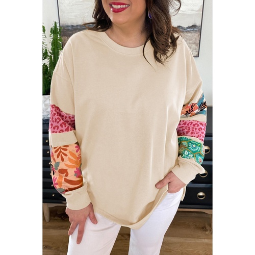Beige Plus Size Printed Patchwork Sleeve Split Sweatshirt - 1X - Main Image