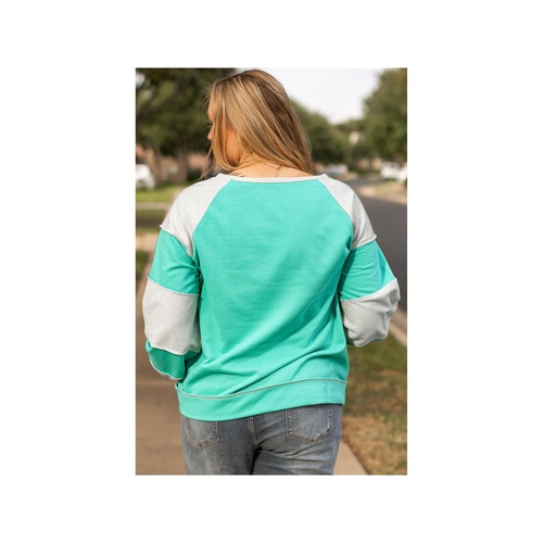 Aruba Blue Colorblock Patchwork Cross Seam Plus Sweatshirt - 2X - Main Image