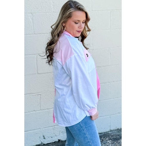 Bonbon Color Block Chest Pockets Half Button Plus Size Sweatshirt - 4X - Main Image