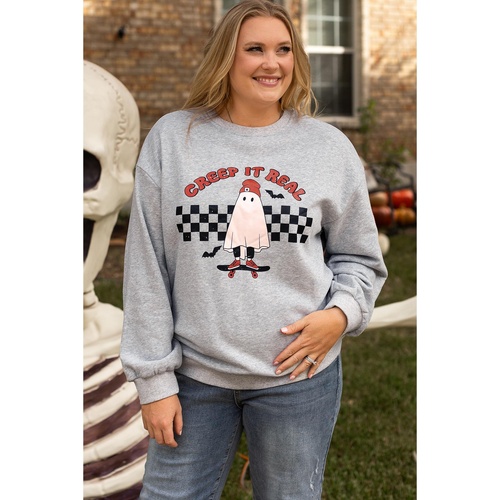 Light Grey Creep It Real Ghost Print Plus Size Sweatshirt - 1X - Main Image