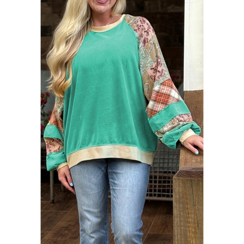 Sky Blue Plus Size Plaid Floral Patchwork Raglan Sleeve Sweatshirt - 1X - Main Image