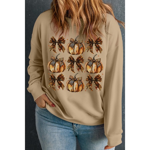 Apricot Halloween Leopard Pumpkin Bow Knot Print Plus Size Sweatshirt - 2X - Main Image
