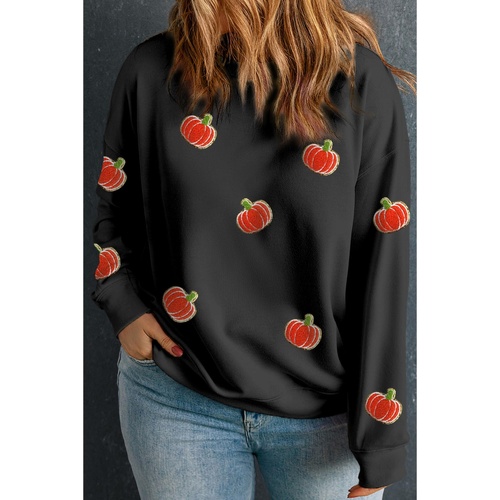 Black Chenille Pumpkin Patched Drop Shoulder Plus Size Sweatshirt - 2X - Main Image