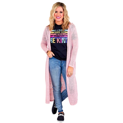 Azura Exchange Pink Sheer Knitted Long Side Slit Plus Size Cardigan - 1X - Main Image