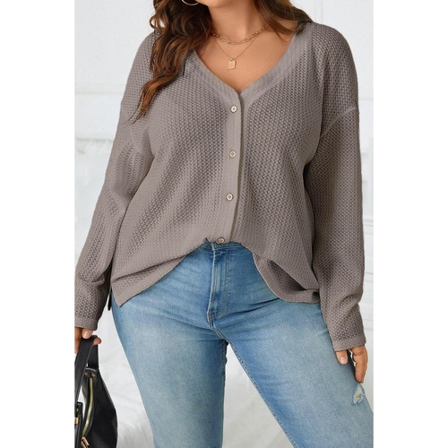 Simply Taupe Waffle Knit Drop Shoulder Button V Neck Plus Size Top - 2X - Main Image