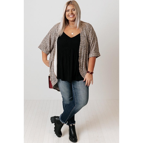 Khaki Plus Size Leopard Print Half Sleeve Open Front Cardigan - 1X - Main Image