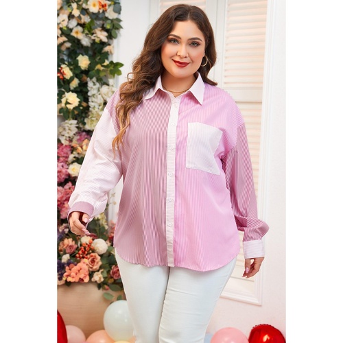 Pink Stripe Print Colorblock Plus Size Shirt - 1X - Main Image