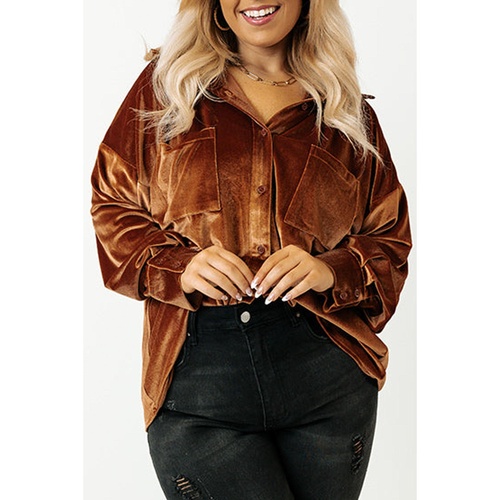 Chestnut Plus Size Velvet Chest Pocket Drop Shoulder Shirt - 1X - Main Image
