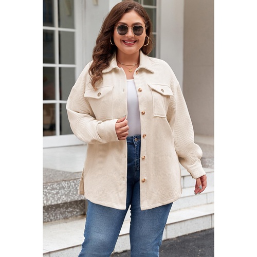 Oatmeal Textured Flap Pockets Buttoned Plus Size Shacket - 4X - Main Image