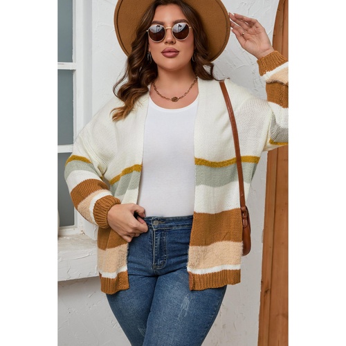 Beige Plus Size Striped Print Open Front Cardigan - 2X - Main Image