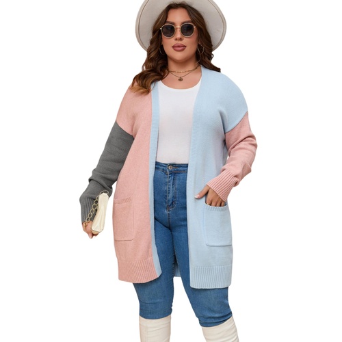 Multicolor Plus Size Colorblock Pocketed Open Front Cardigan - 3X - Main Image