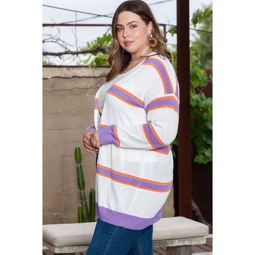 Beige Plus Size Striped Dropped Shoulder Sweater Cardigan - 1X - Main Image