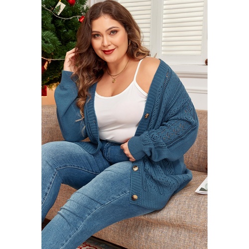 Real Teal Open Knit V Neck Button Front Drop Shoulder Plus Size Cardigan - 2X - Main Image