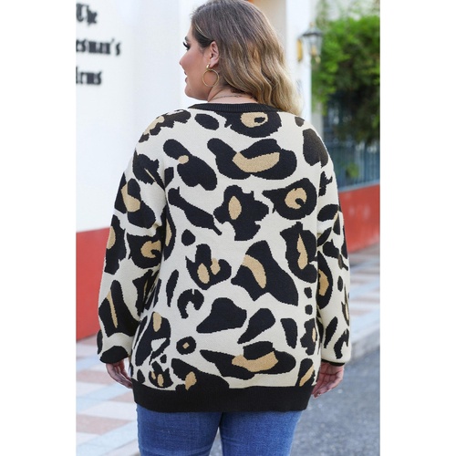 Leopard Ribbed Trim Pocketed Plus Size Sweater - 3X - Main Image