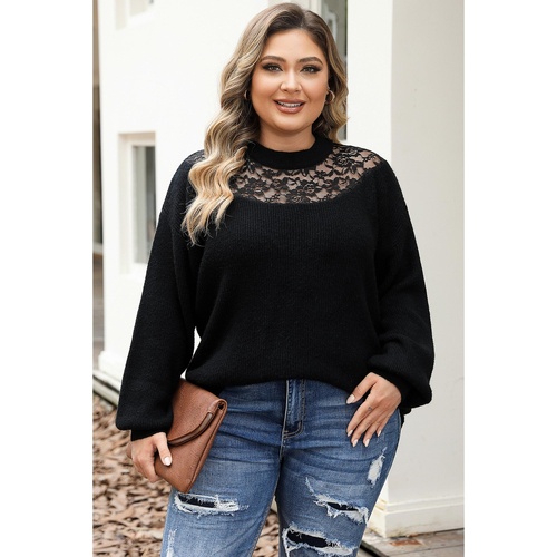 Black Plus Size Ribbed Knit Lace Splicing High Neck Sweater - 1X - Main Image