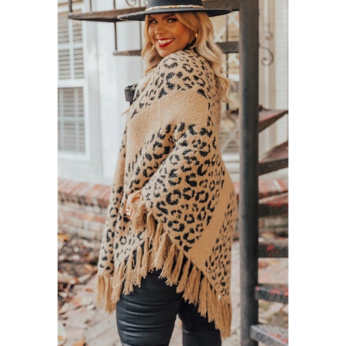 Leopard Plus Size Tasseled Hem Draped Poncho - One Size - Main Image
