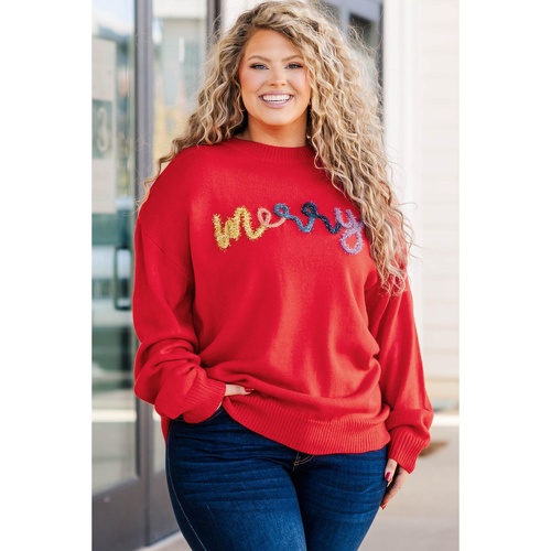 Fiery Red Tinsel merry Pattern Drop Shoulder Plus Size Sweater - 1X - Main Image