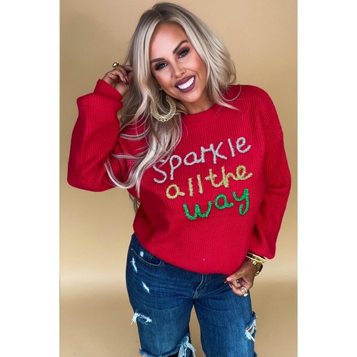 Racing Red Sparkle All The Way Tinsel Crew Neck Plus Size Sweater - 3X - Main Image