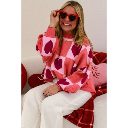 Azura Exchange Pink Plus Size Love Heart Block Mock Neck Lantern Sleeve Valentine Sweater - 1X - Main Image