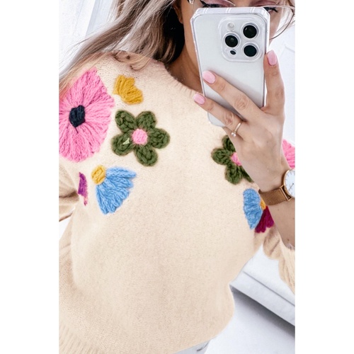 Beige Plus Size Crochet Flower Pullover Sweater - 4X - Main Image