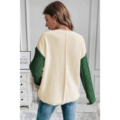 Mist Green Plus Size Cable Knit Color Block Drop Shoulder Sweater - 4X - Main Image
