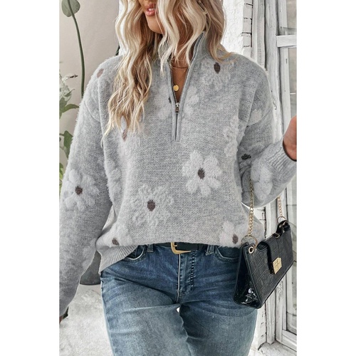 Gray Plus Size Embroidered Floral Pattern Half Zip Sweater - 1X - Main Image