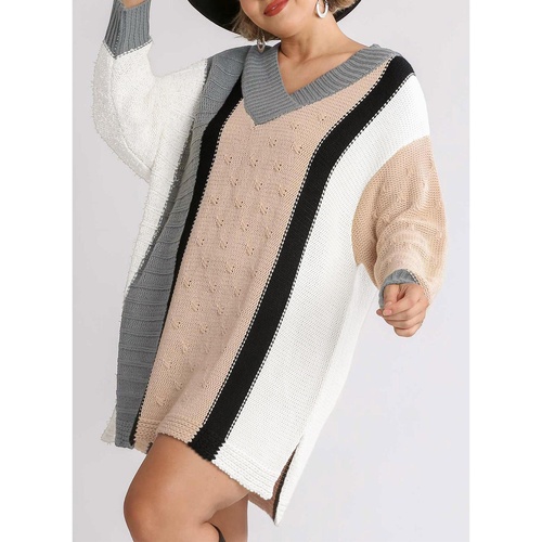 Apricot Mixed Boucl Color Block Plus Size Sweater Dress - 1X - Main Image